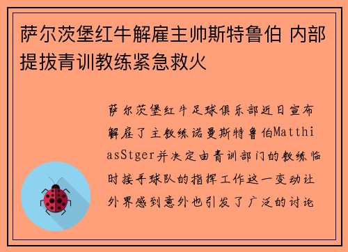 萨尔茨堡红牛解雇主帅斯特鲁伯 内部提拔青训教练紧急救火 萨尔茨堡红牛解雇主帅斯特鲁伯 内部提拔青训教练紧急救火